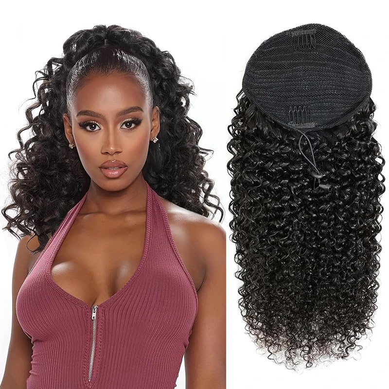Seamless Clip In Hair Extensions Human Hair - Curly Ponytail Extensions Deep Wave Drawstring